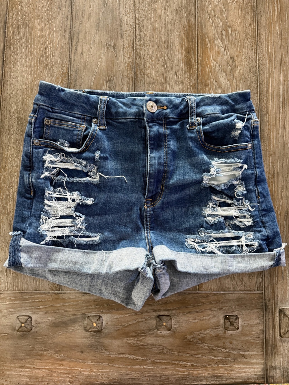 American Eagle Outfitters Distressed Dark Indigo Rolled Cuff Jean Shorts